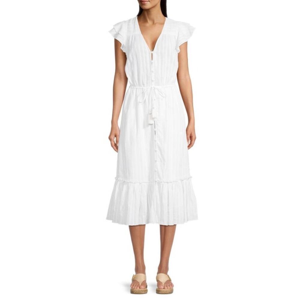 Veronica Beard White Tinzia Dress Midi Length Ruffle Hem Size L - Picture 1 of 14